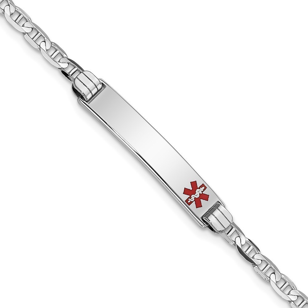 14K White Gold Nautical Medical Red Enamel Anchor Link ID Bracelet, 8"